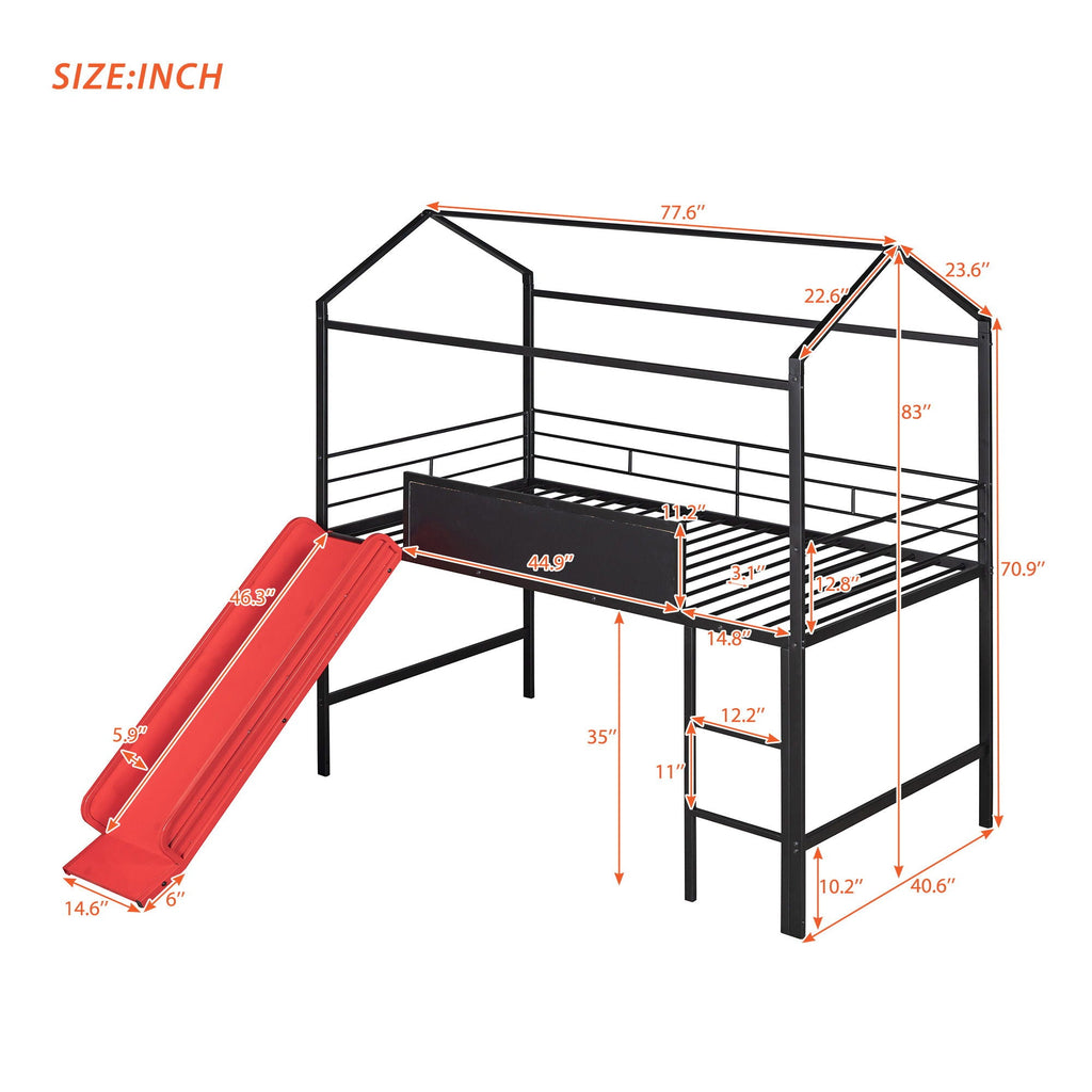 Twin Metal Loft Bed With Slide And 2 Sided Writable Wooden Board - Black