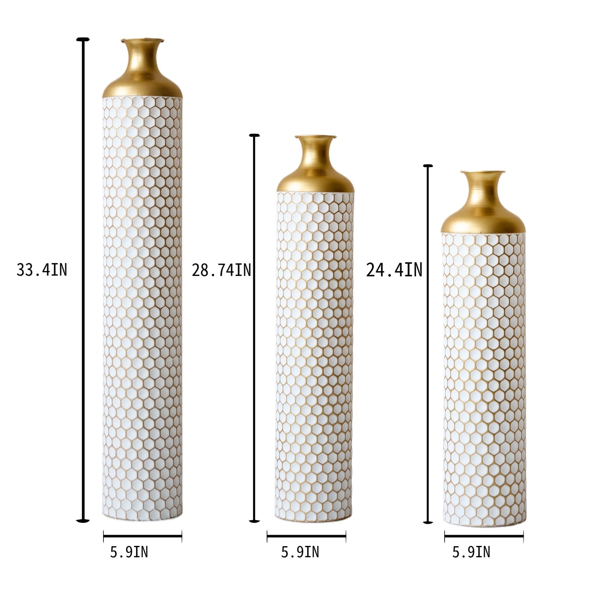 3-Piece Modern Metal Vase Set - White & Gold