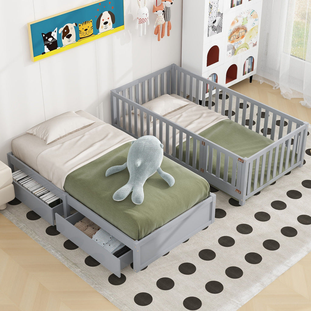 Daybed With Fence Guardrails And 2 Drawers, Split Into Independent Floor Bed & Daybed