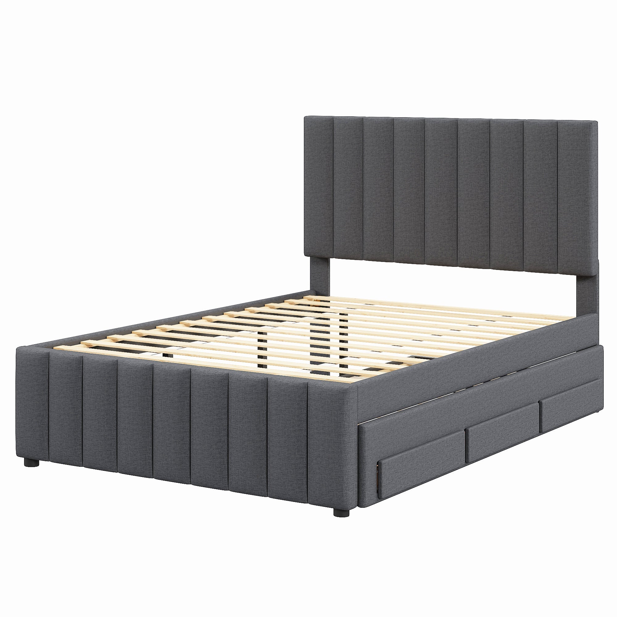 Full Size Upholstered Platform Bed with Twin Size Trundle and 3 Drawers