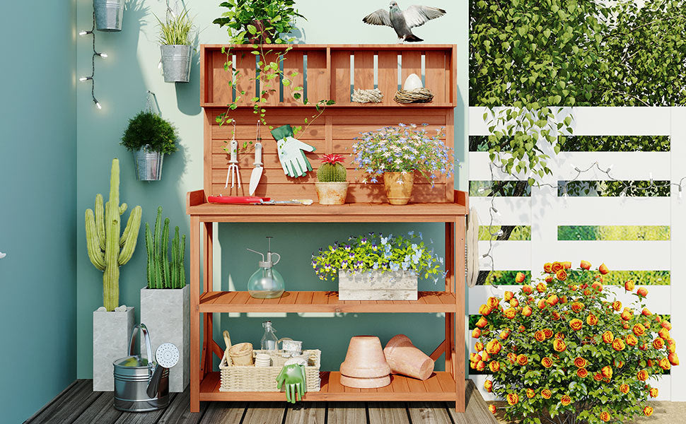 TOPMAX 65' Large Wooden Farmhouse Rustic Outdoor Potting Bench Table