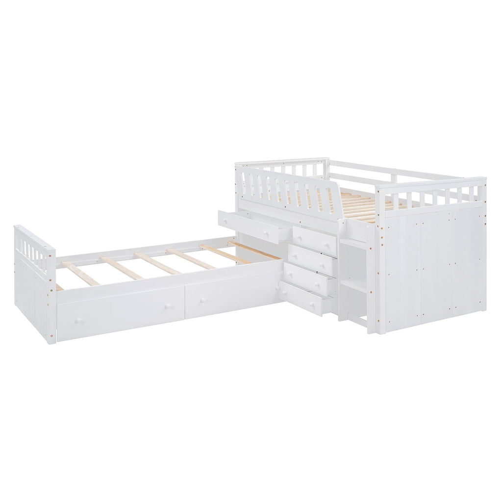 Loft Platform Bed With 7 Drawers And Full Guardrails, Modern L Shaped Space Savin