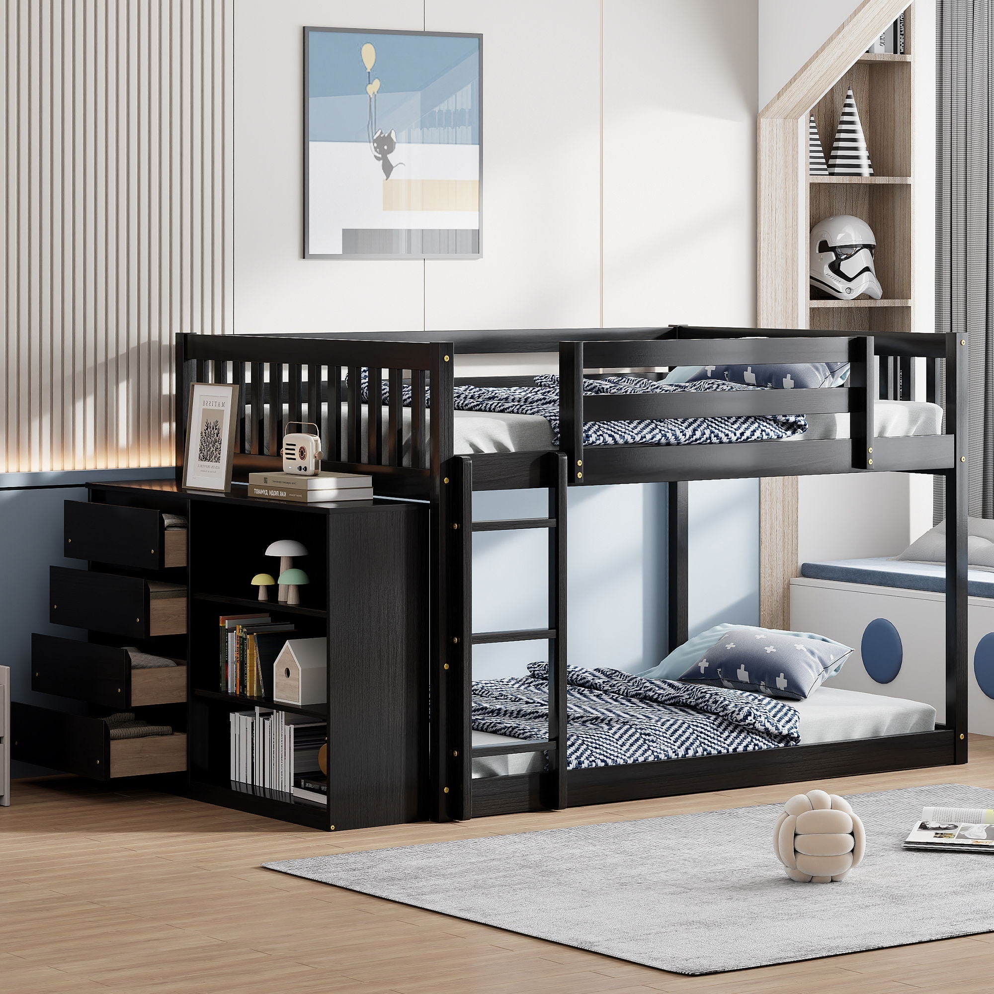 Bunk Bed With 4 Drawers and 3 Shelves