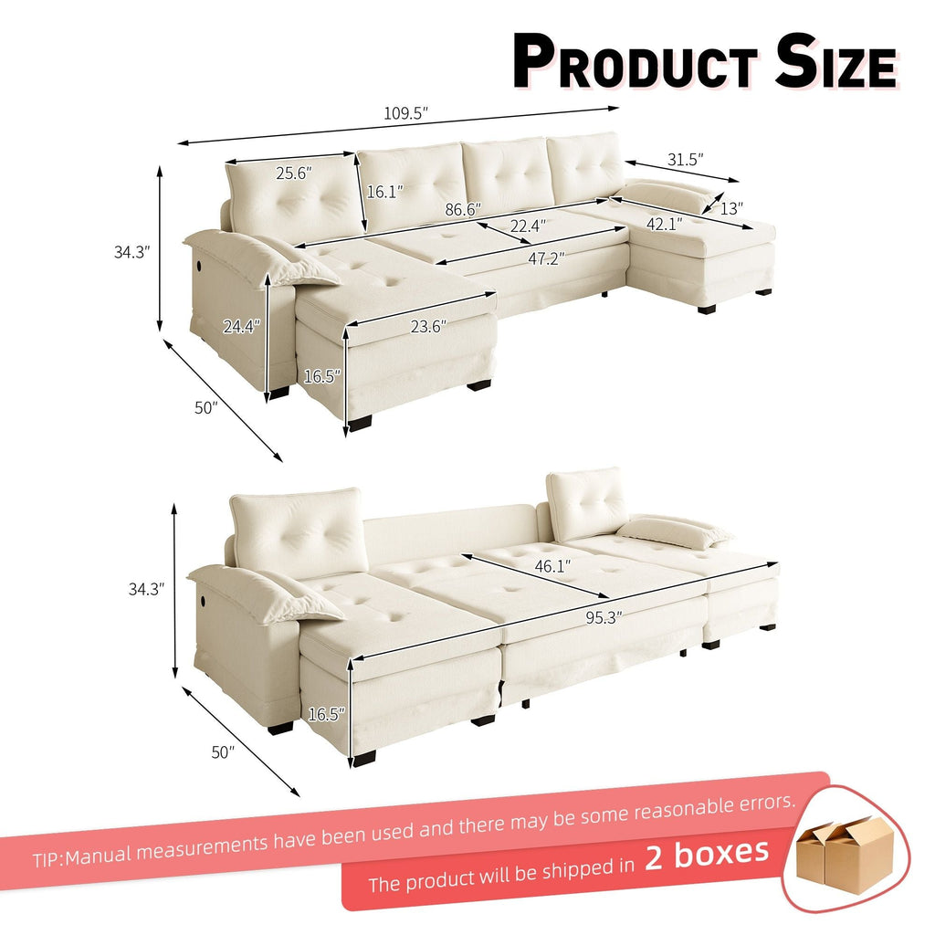 U-Shaped Sleeper Sofa With Pull Out Bed, Removable Armrests & USB Ports For Living Room