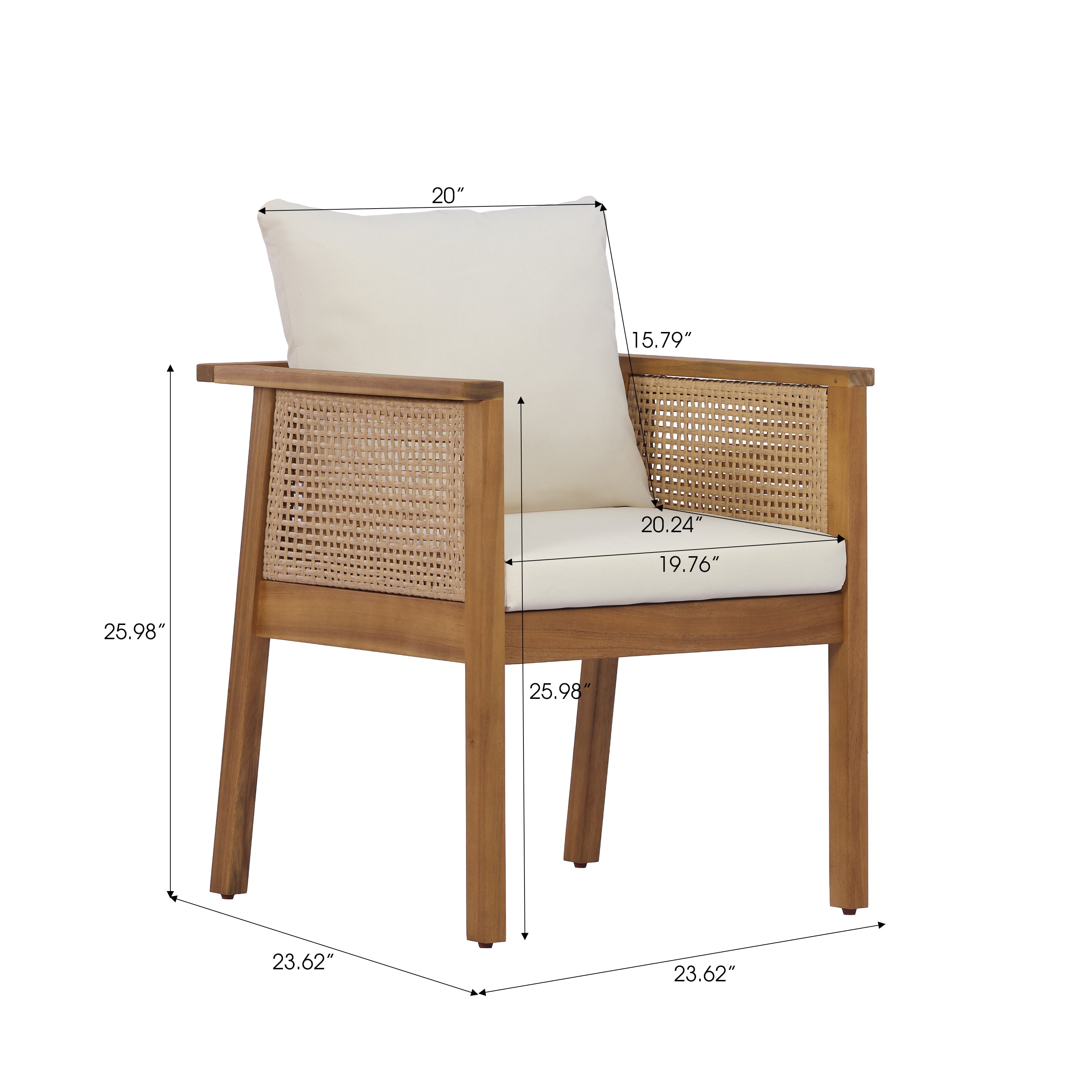 7 Pieces Acacia Wood Outdoor Dining Set with Cream Cushions and Natural Wicker