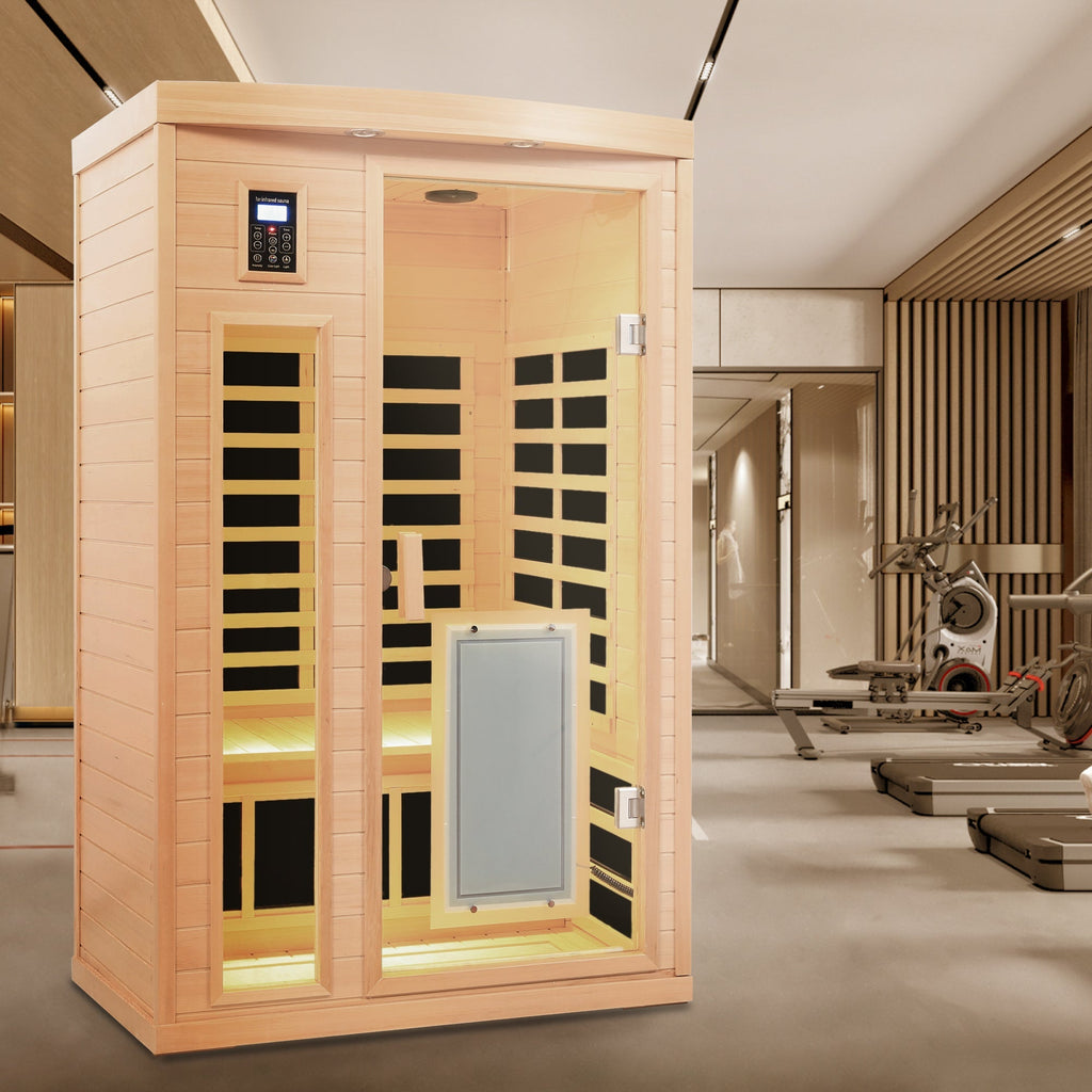 Low EMF, There is also a heating plate on the glass door, Hemlock wood Far-infrared indoor Two person sauna room