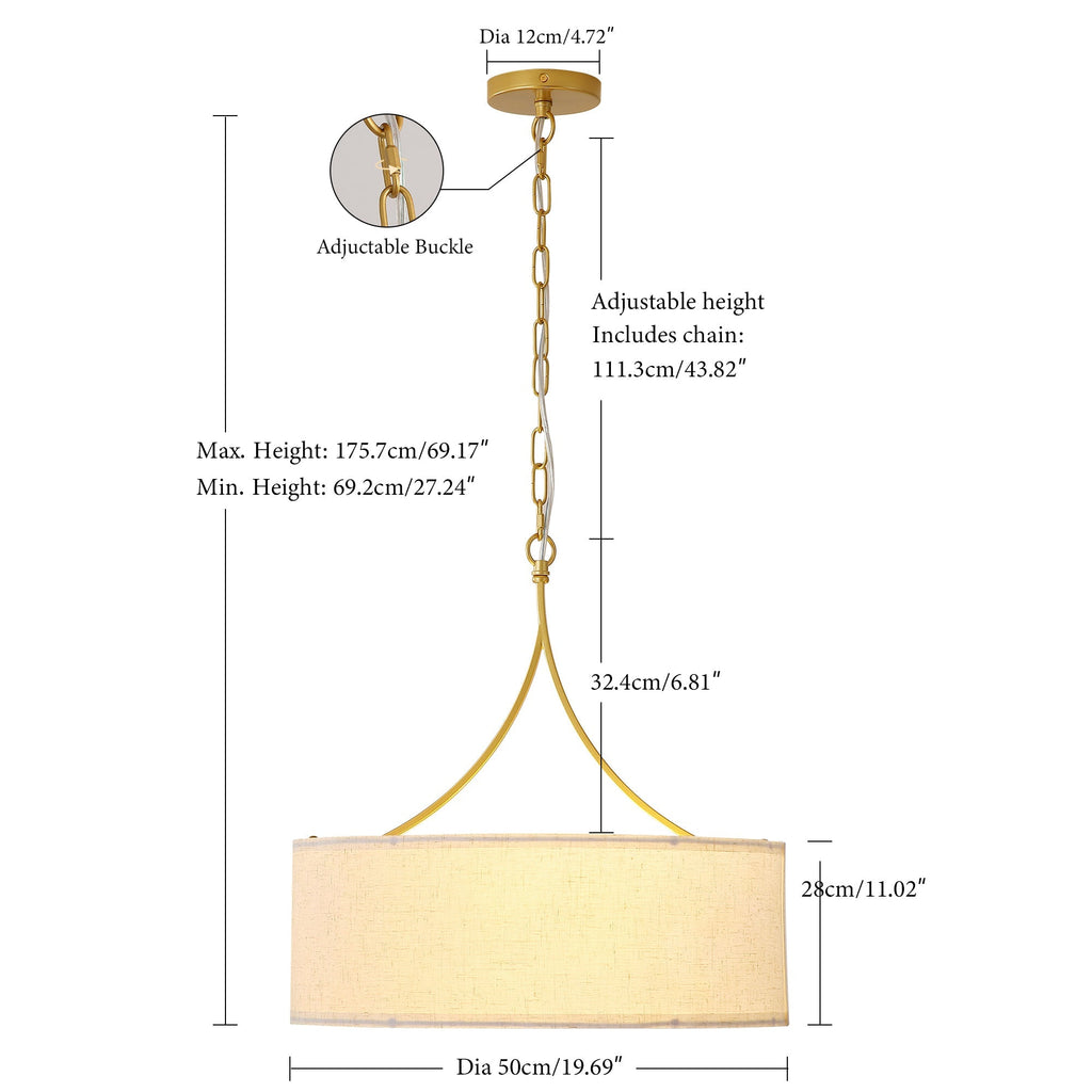 3-Light Gold Fabric Drum Pendant Light