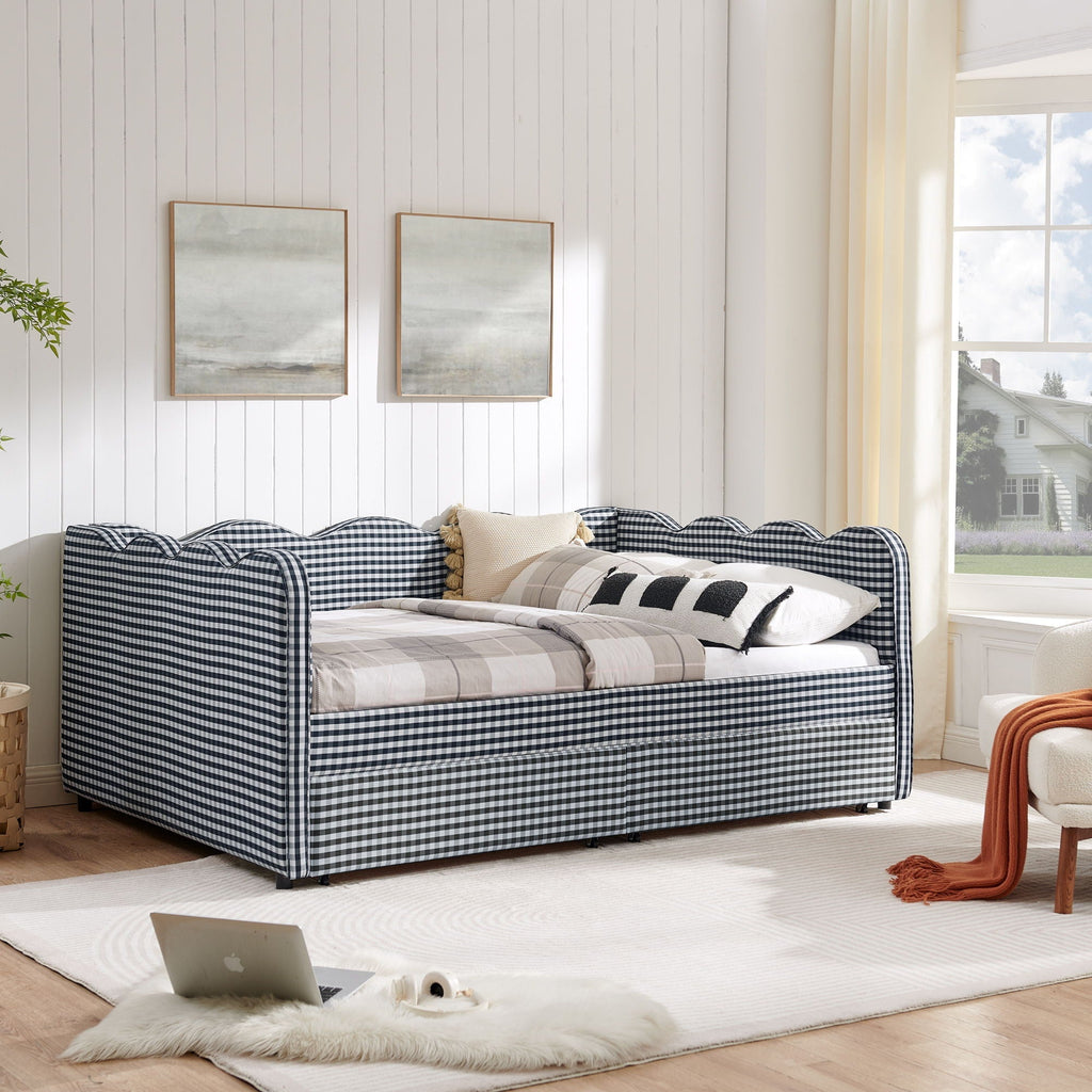 Gingham Daybed With USB Charging Port, Wave-Shaped Design
