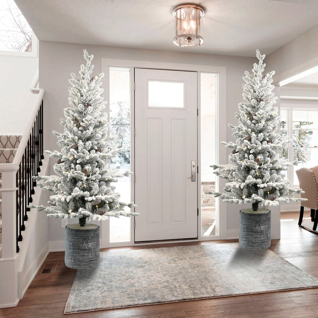 4.5FT Flocked Christmas Tree with Pot Base and LED Lights