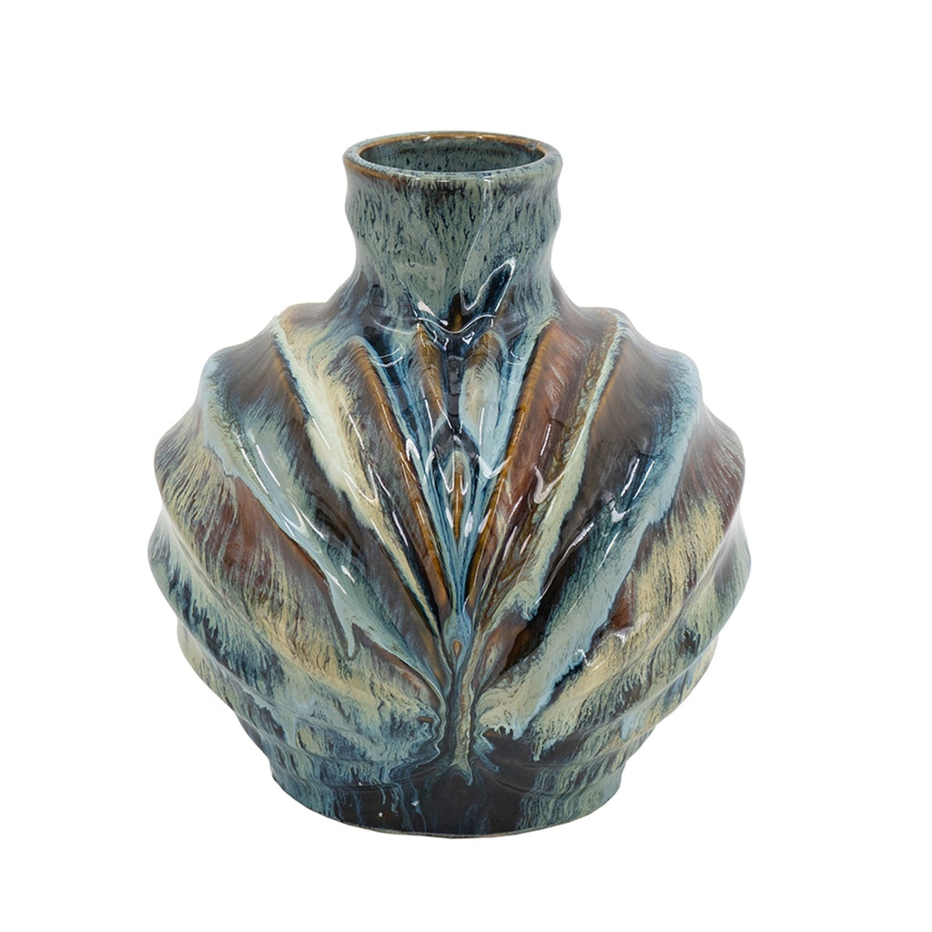 9.4x9.4x11" Blue and Brown Reactive Glazed Accent Vase