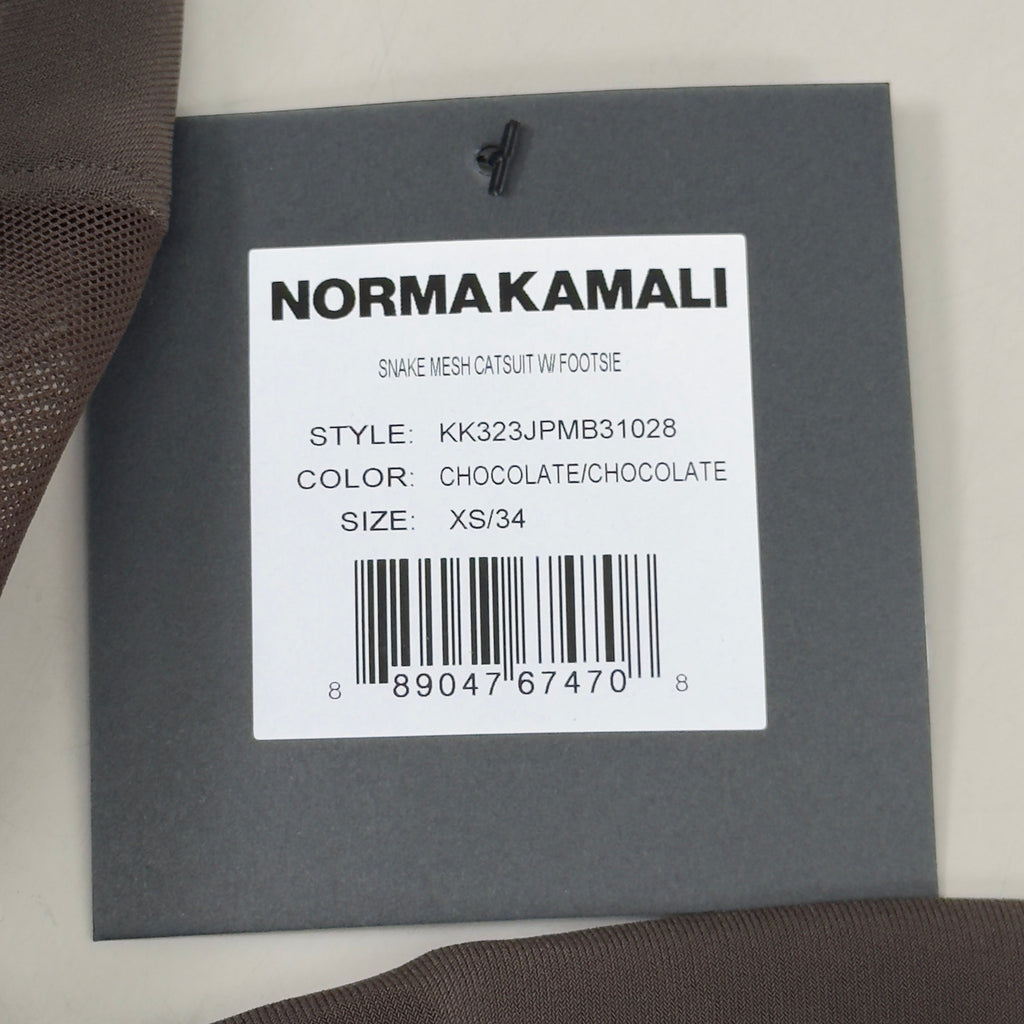 NORMA KAMALI One Shoulder Snake Mesh Catsuit Footsie Women's Sz XS/34 Chocolate
