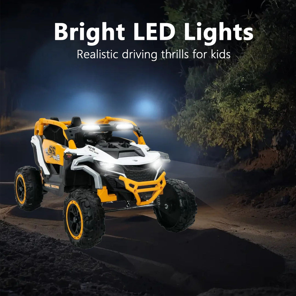 Ride On Models 12V Kids Electric Truck With Remote Control, Front & Rear Suspension, 2 Seater UTV, Flashlights, Music Player - Yellow / White