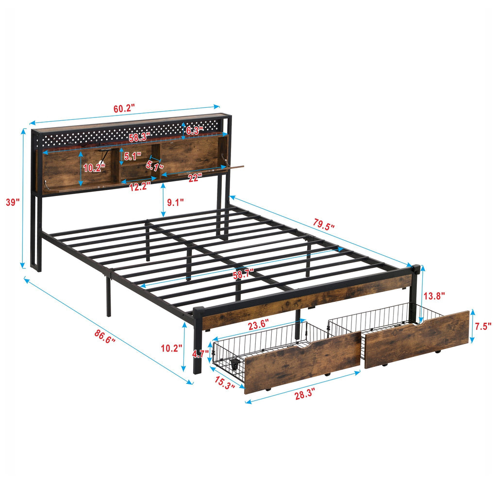 Modern Platform Bed with USB Charging Station, 2 Drawers, and LED Lights