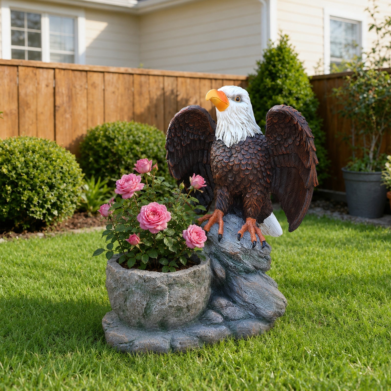 Standing Eagle Statue Garden Planter on Faux Stone Base