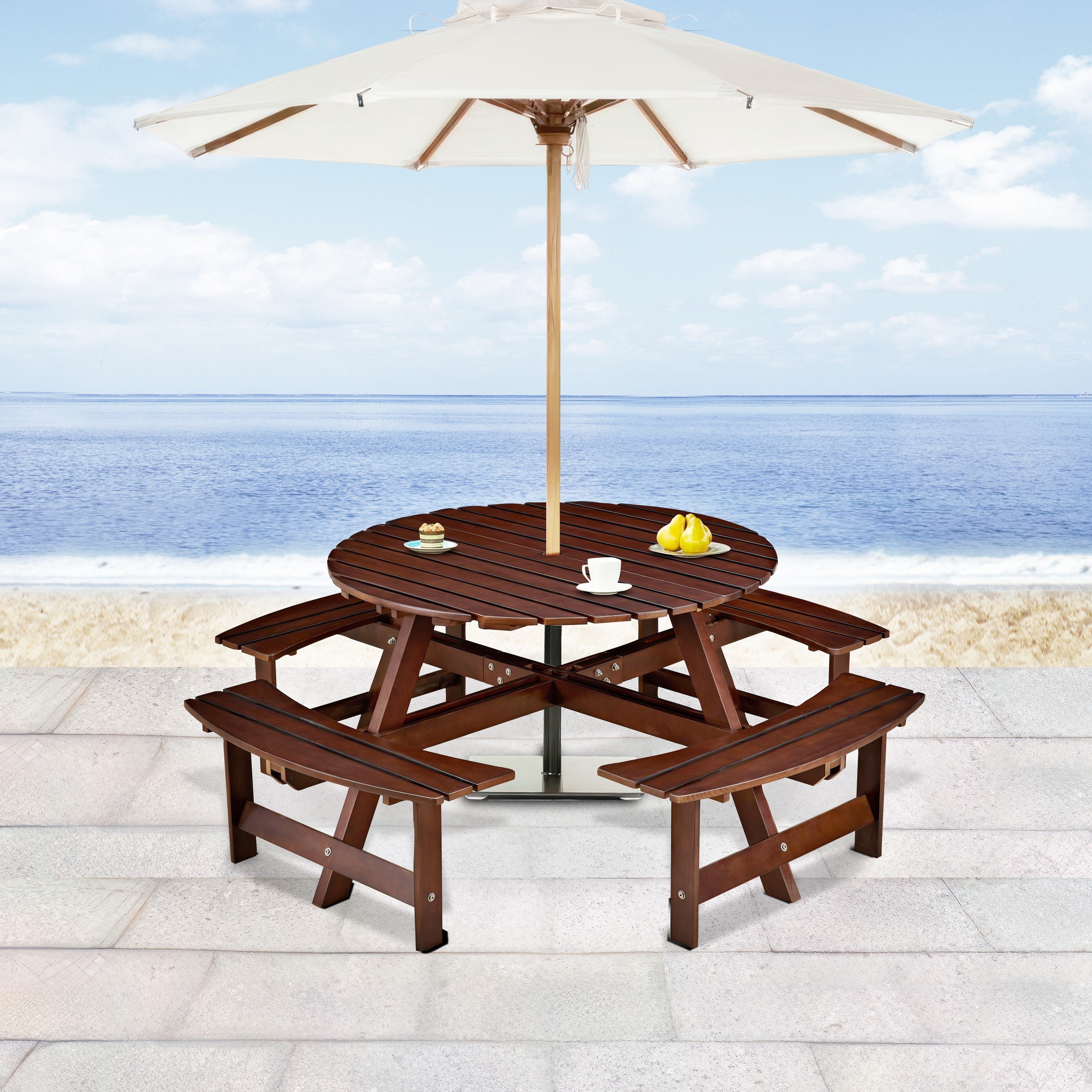 Outdoor 8 Person Round Picnic Table with Built-In Benches