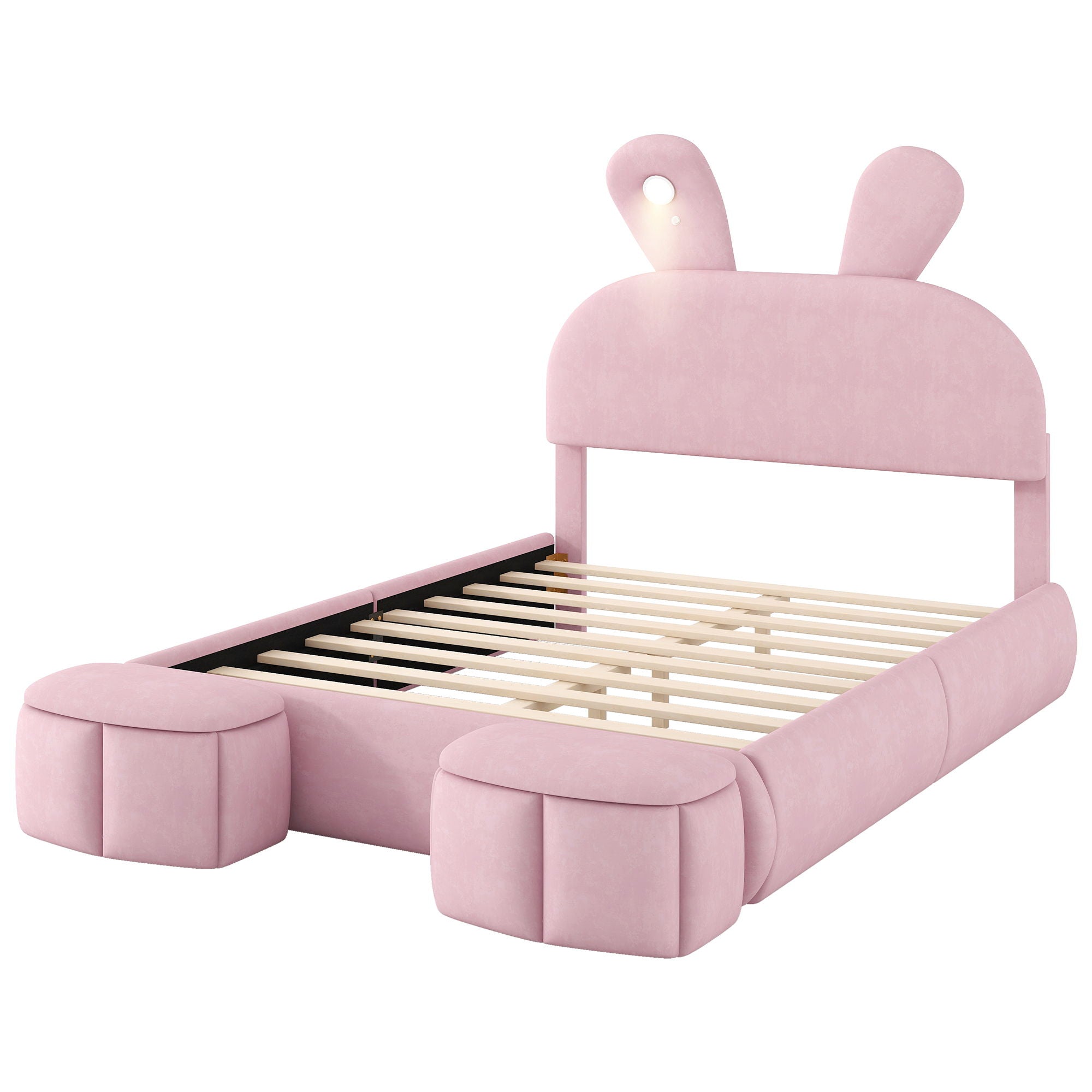 Full Upholstered Platform Bed With Cartoon Ears Headboard And LED Light - Pink