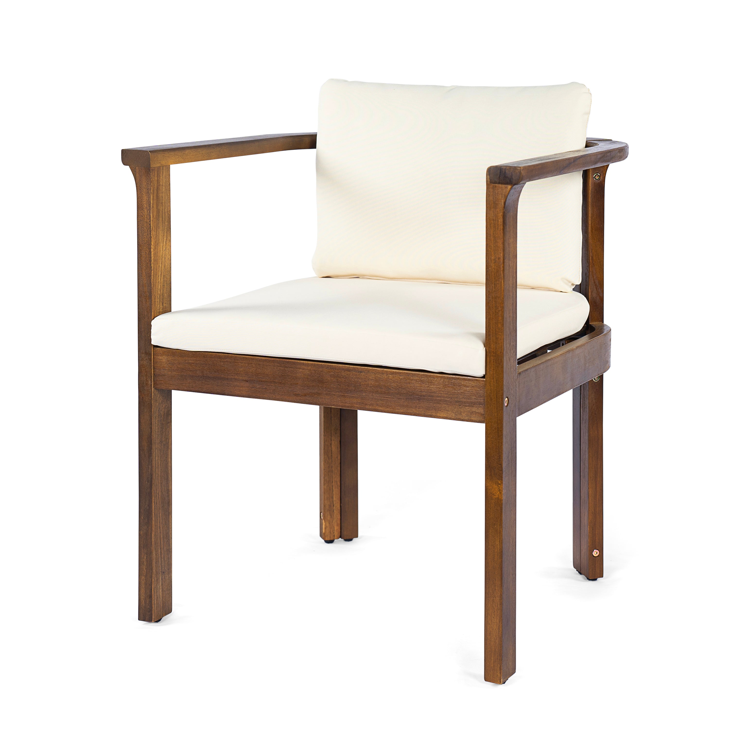 Outdoor Dining Chair Set of 2 with Curved Acacia Wood Arms, Brown Finish and Cream Cushions
