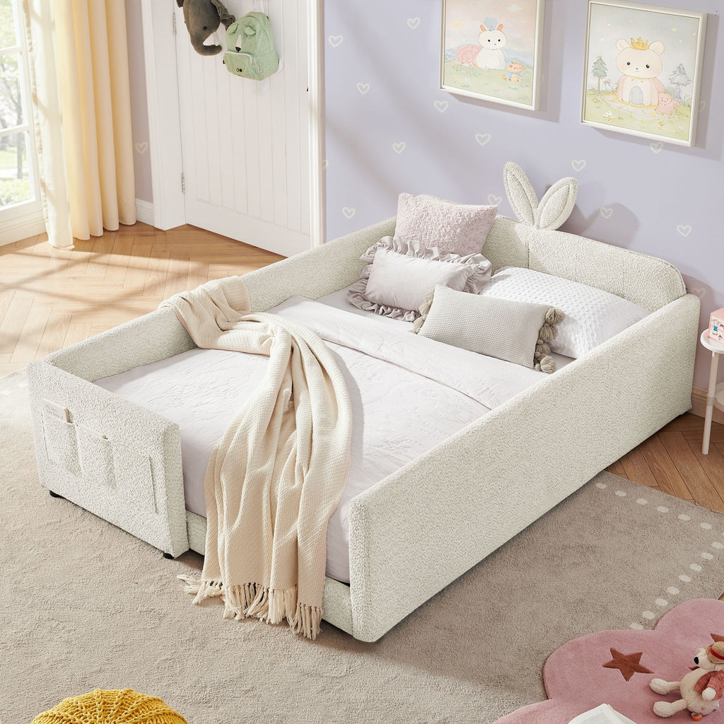 Cute Rabbit Ear Upholstered Platform Bed Frame With Safety Rail