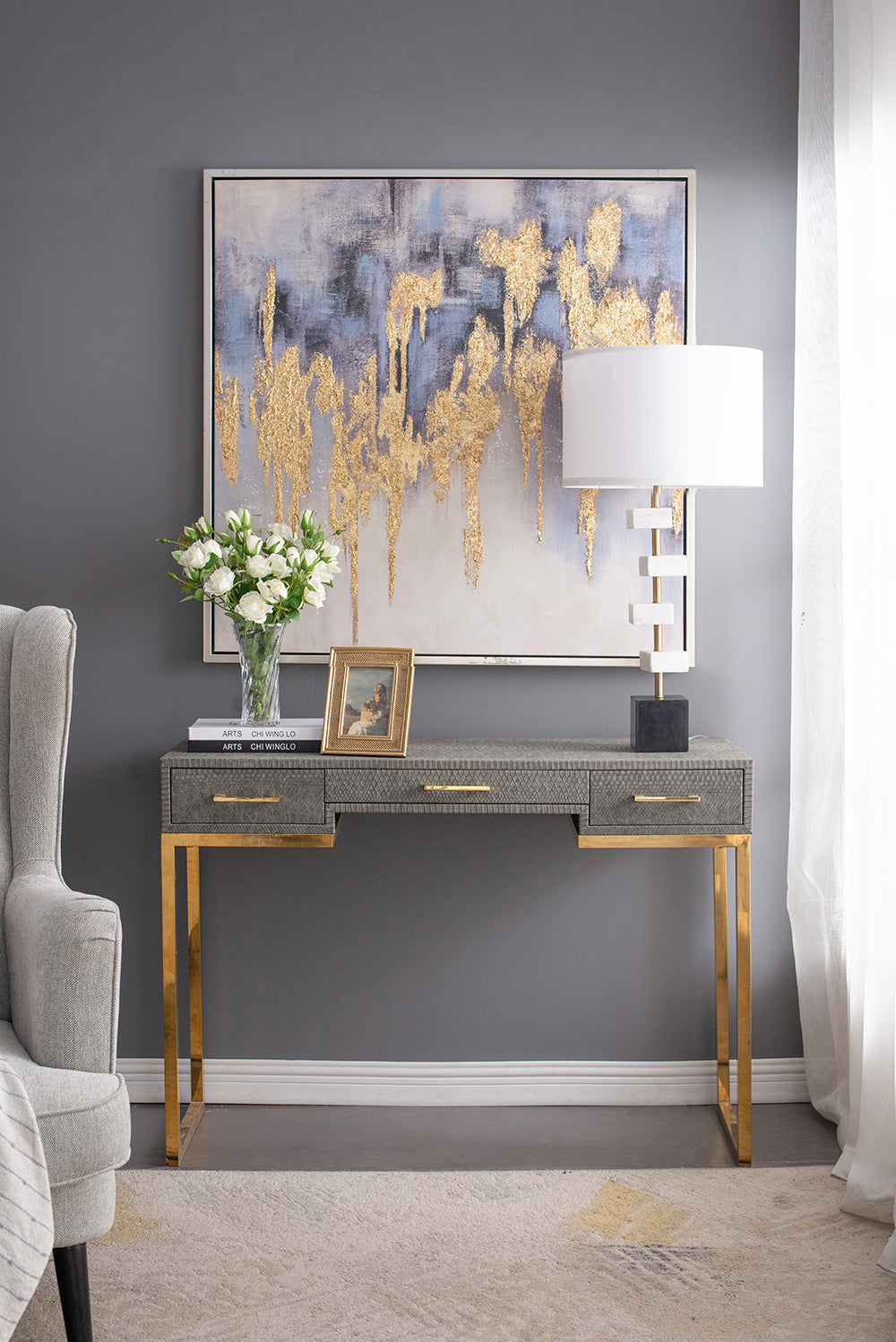 D15x30' Table Lamp with White Marble and Brass Frame