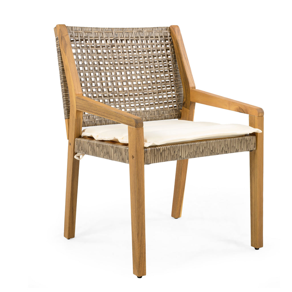 Outdoor Dining Chair Set of 4 - Acacia Wood and Wicker with Cream Cushion