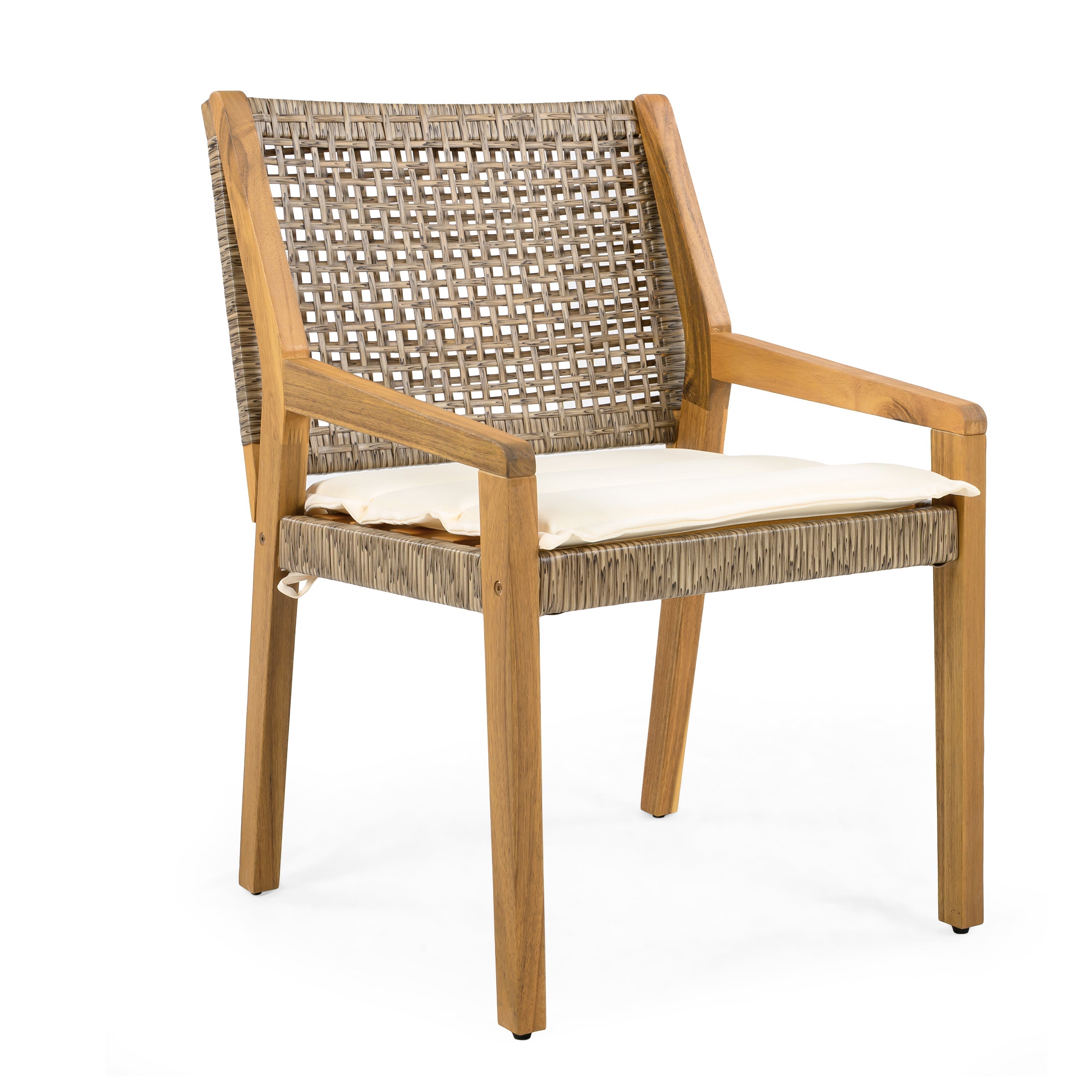 Outdoor Dining Chair Set of 4 - Acacia Wood and Wicker with Cream Cushion