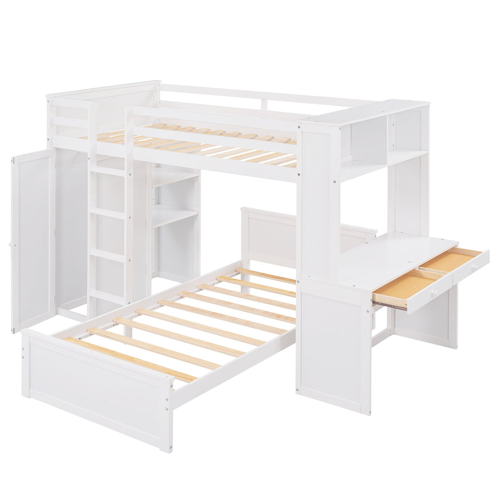 Loft Bed With A Stand Alone Bed, Shelves, Desk, And Wardrobe
