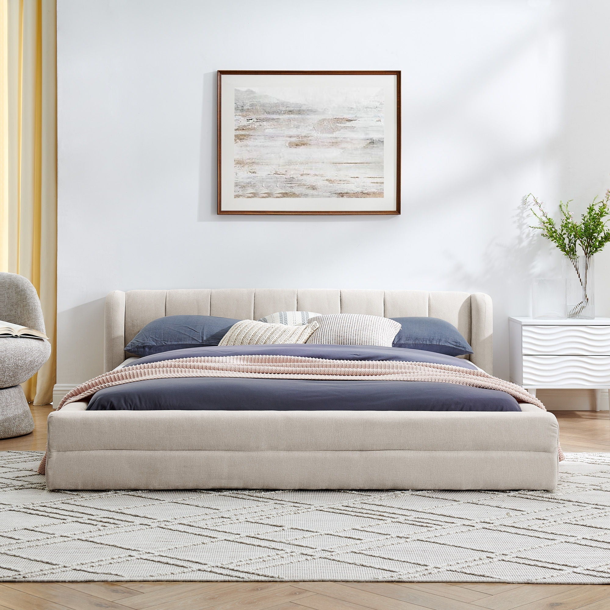 Modern Upholstered Bed Frame With Thick Fabric And Headboard