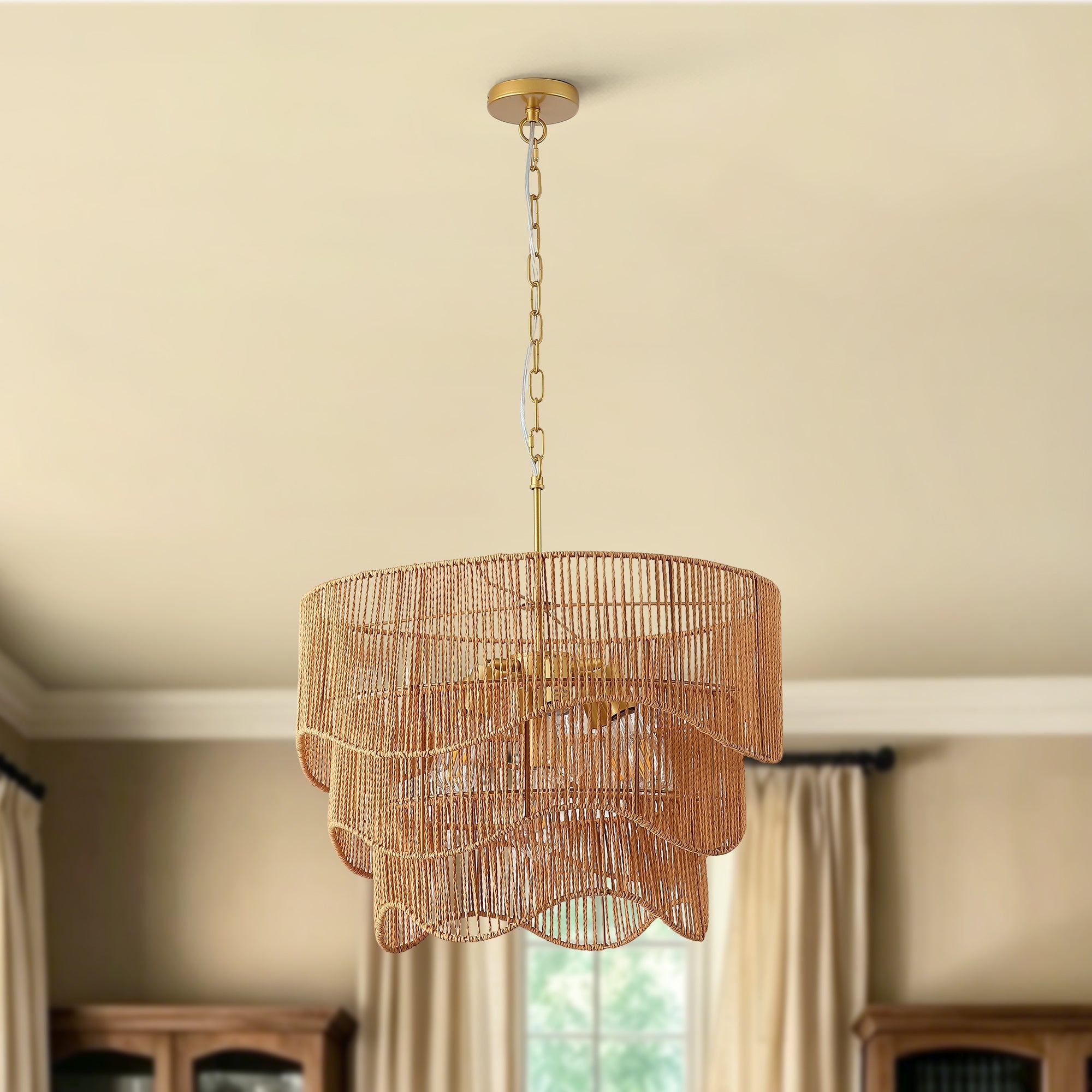 Handwoven Paper Rattan Boho Chandelier with 7-Light E26 Base
