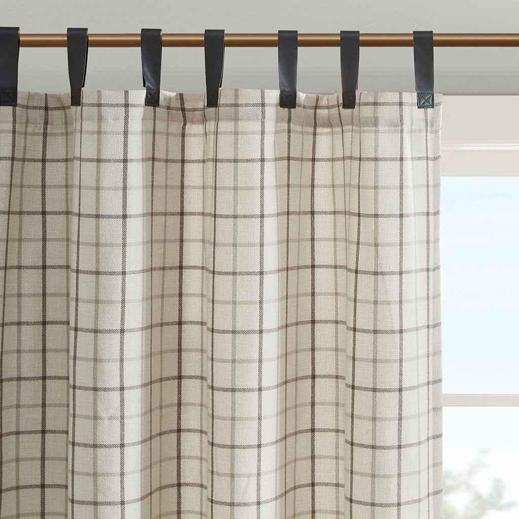 Plaid Faux Leather Tab Top Curtain Panel with Fleece Lining