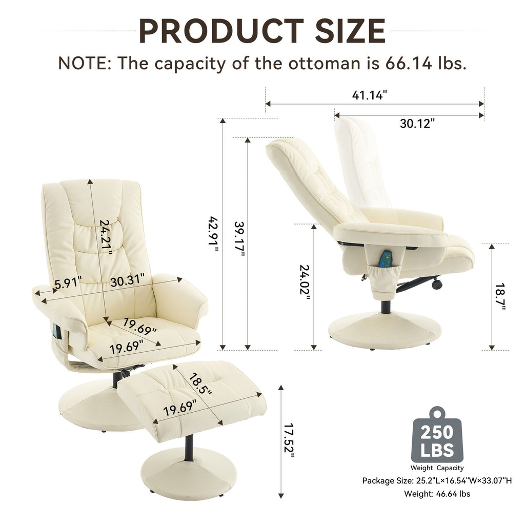 Recliner Chair With Ottoman, 360° Swivel Massage Lounge Chair With 5-Point Vibration & Heated Seat
