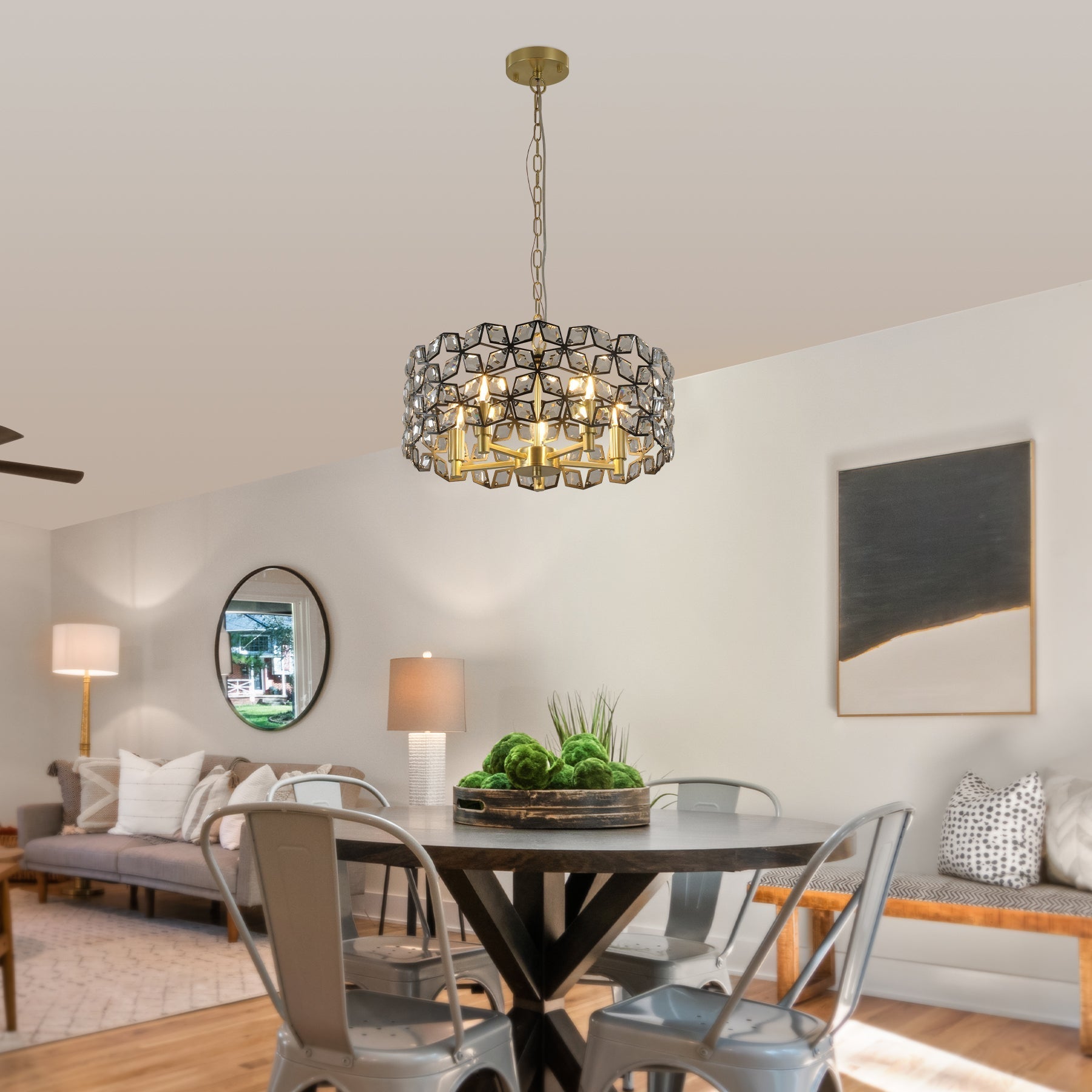 19" Geometric Crystal and Black Gold Round Pendant Chandelier