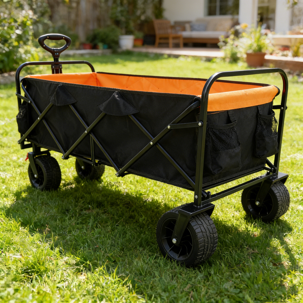 Big Large Capacity Folding Wagon Cart with Extender (Black + Orange)