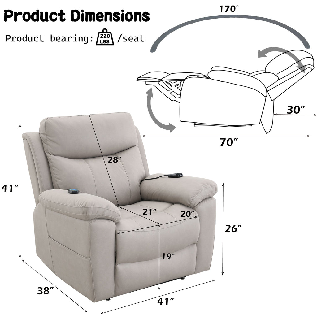 Chriki Beige Chenille & Black Finish Power Recliner with Lift, Heating, and Massage