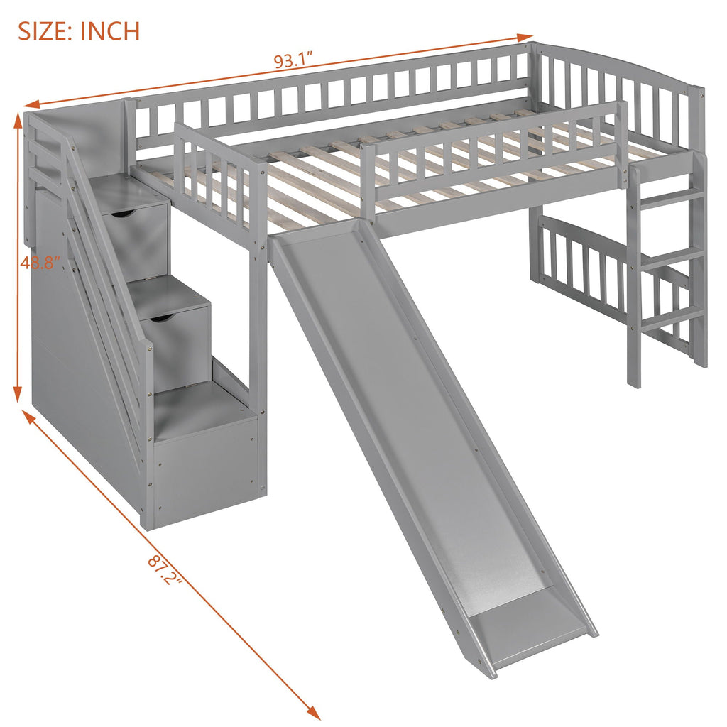 Loft Stairway Bed With 2 Drawers, Convertible Ladder And Slide