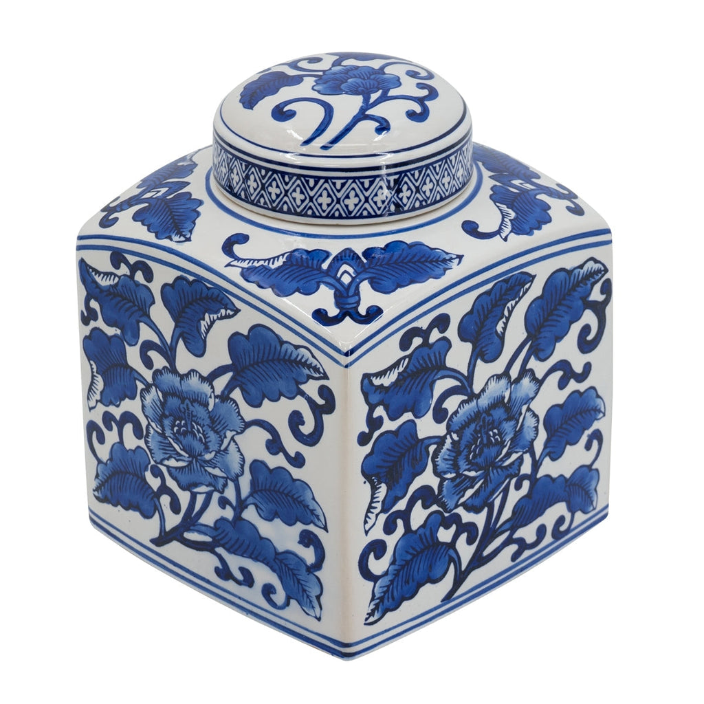 5x5x8' Hand Painted Square Canister with Blue and White Floral Pattern