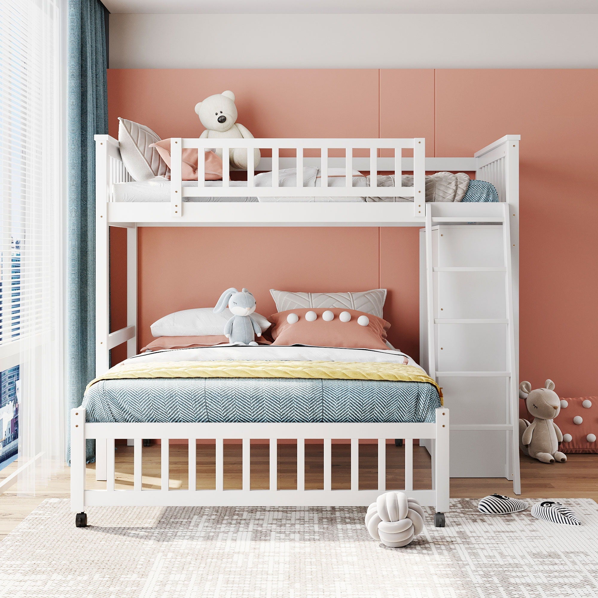 Bunk Bed With 6 Drawers And Flexible Shelves, Bottom Bed With Wheels