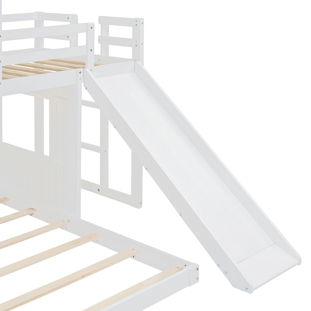 Loft Bunk Bed With Playhouse, Farmhouse, Ladder, Slide And Guardrails