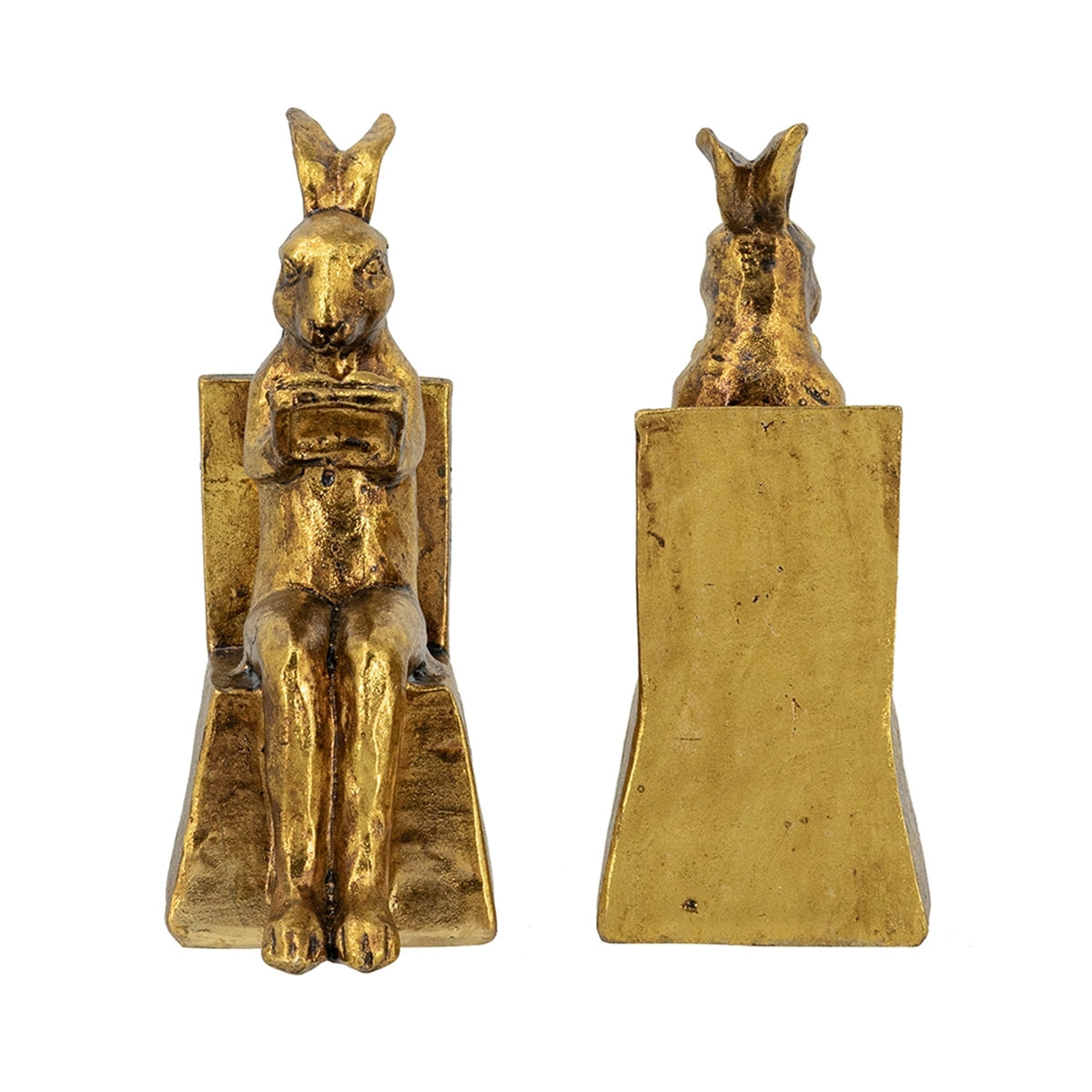 3.9x2.8x6.9' Sitting Rabbit Bookends With Antique Gold Finish