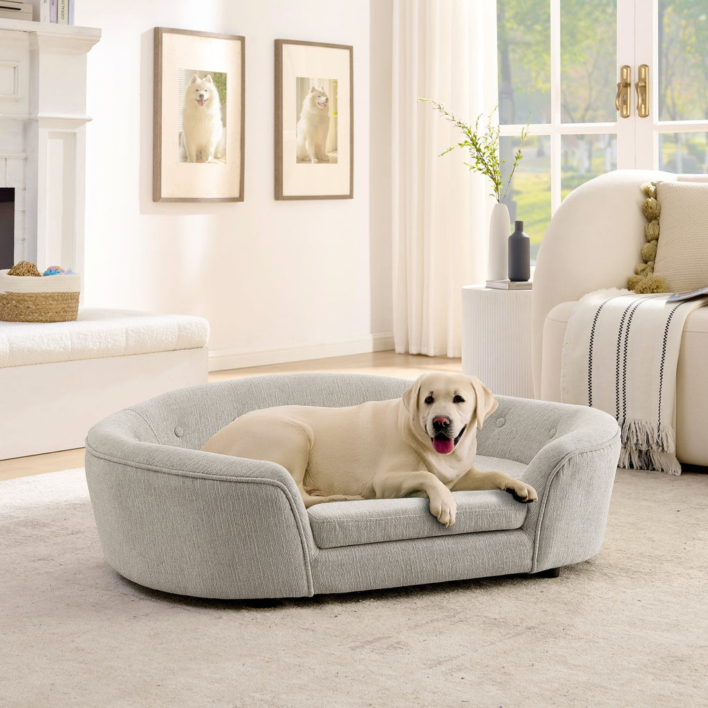 OVERSIZED Size Oval Semi-Enclosed Dog Sofa - Durable Linen Material, Button-Tufted Backrest, High-Center Low-Sides Support & Plush Comfort-Beige