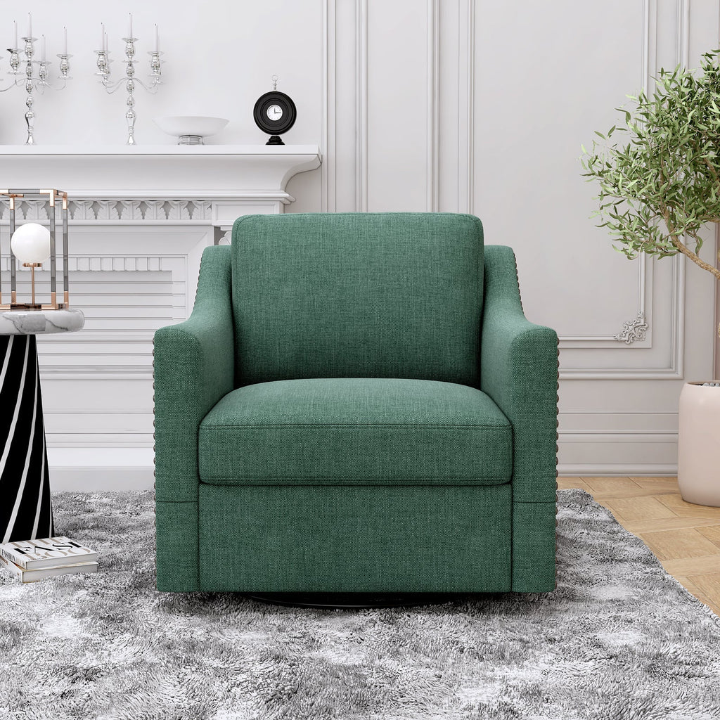 360 Degree Swivel Armchair Cotton Linen Fabric with Brass Nail Detailing
