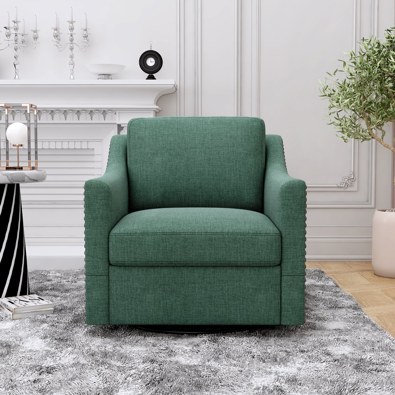 360 Degree Swivel Armchair Cotton Linen Fabric with Brass Nail Detailing