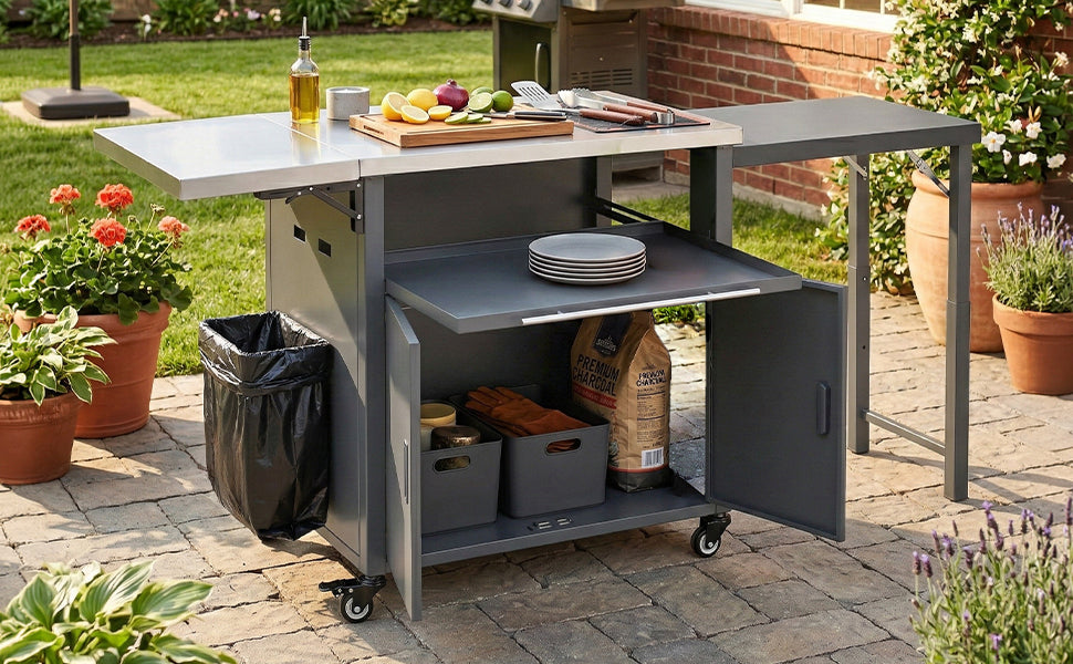 Foldable Outdoor Prep Station BBQ Cart Patio Dining Cart