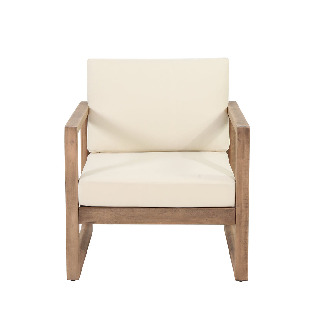 Set of 2 Outdoor Acacia Wood Patio Club Chairs with Beige Cushions