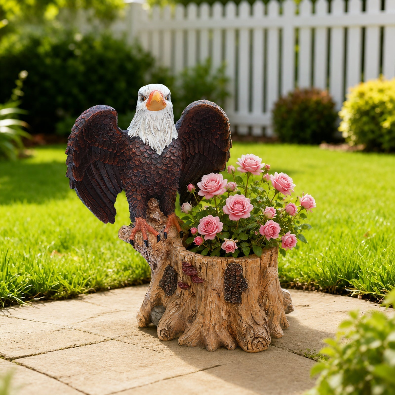 Majestic Eagle Garden Planter Pot on Tree Stump Base