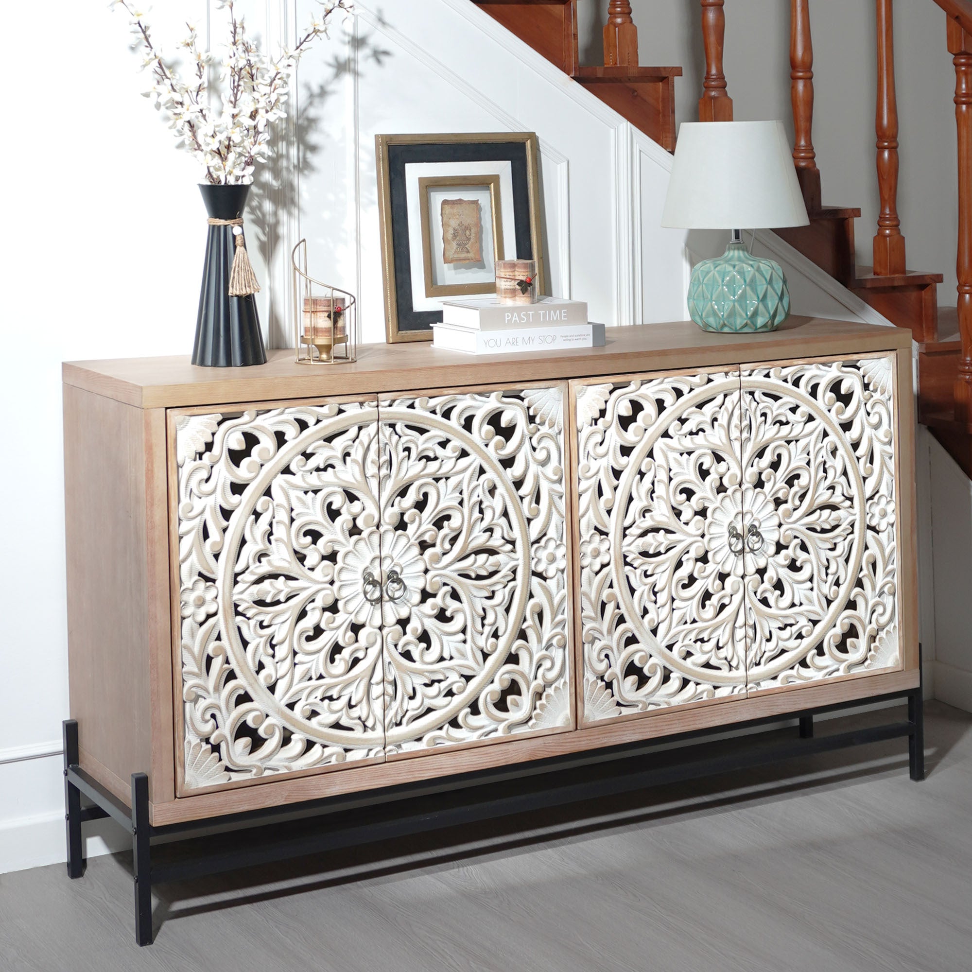 4 Door Wood Cabinet, Vintage Carved Wood with Metal Base