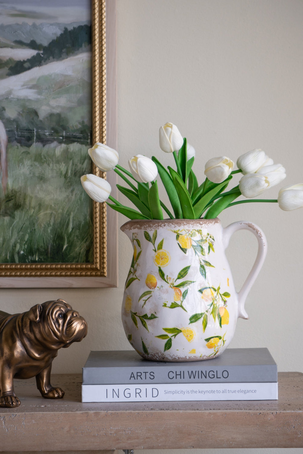 7.9x6.5x7.9' White Ceramic Pitcher Vase with Yellow Lemon Motif