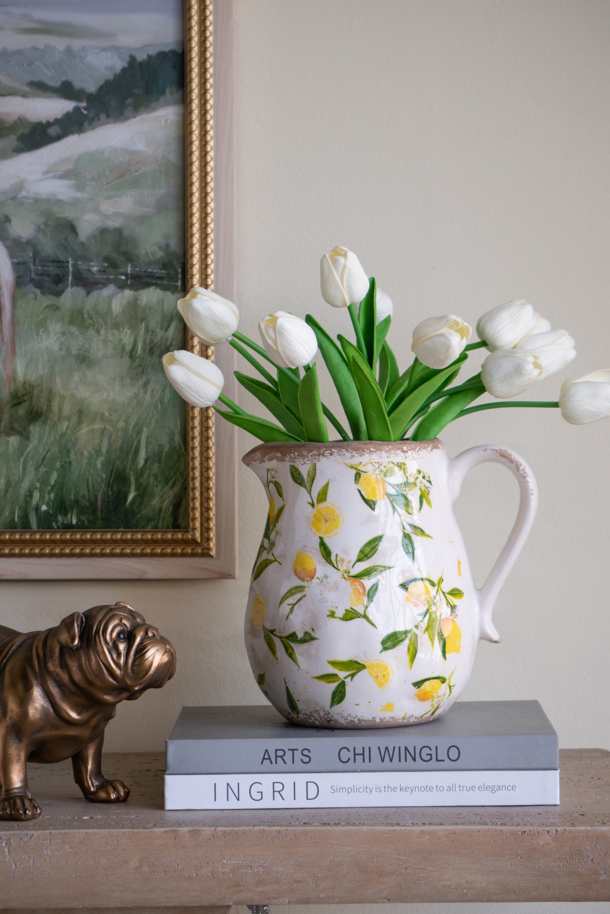 7.9x6.5x7.9' White Ceramic Pitcher Vase with Yellow Lemon Motif