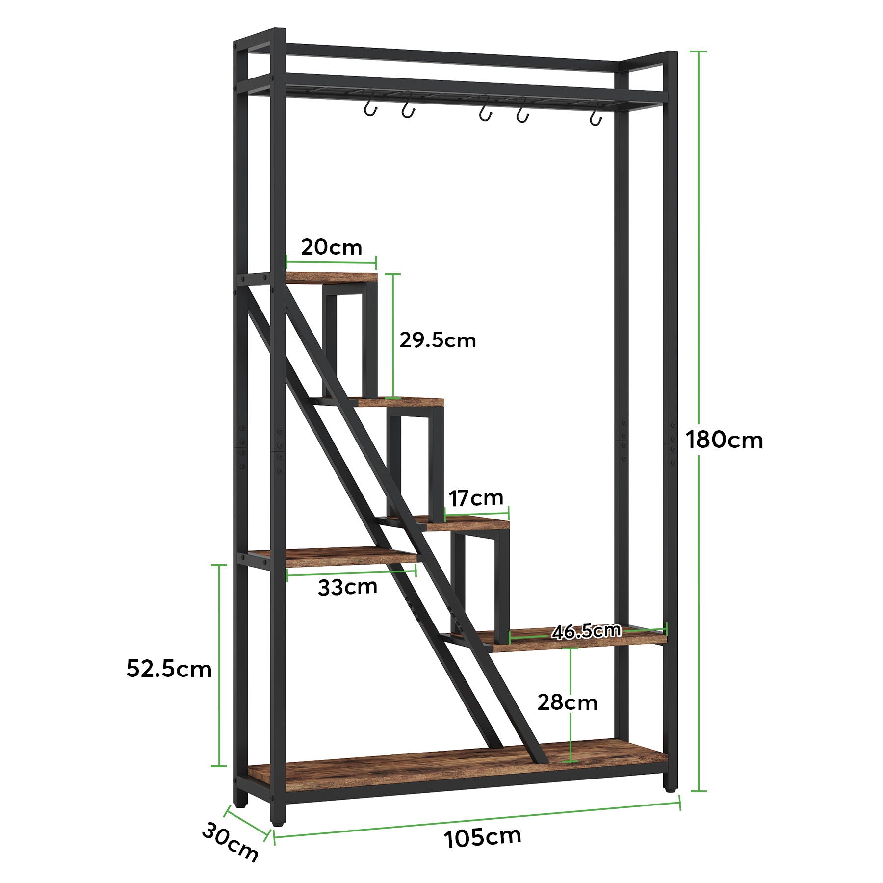7 Tier Indoor Plant Stand With 5 S-Hooks - Brown / Black
