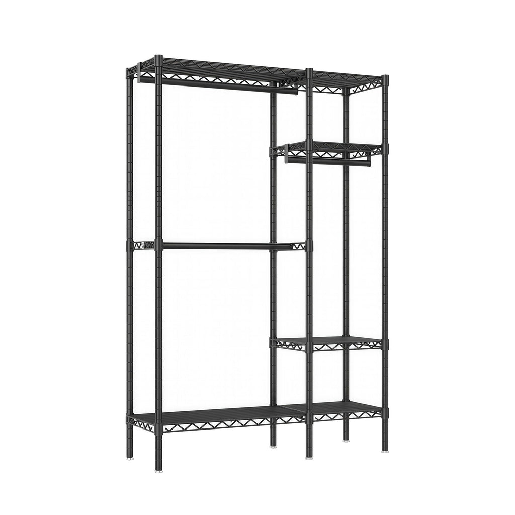 Freestanding Clothes Rack With 6 Adjustable Wire Shelves And 3 Garment Rails - Black