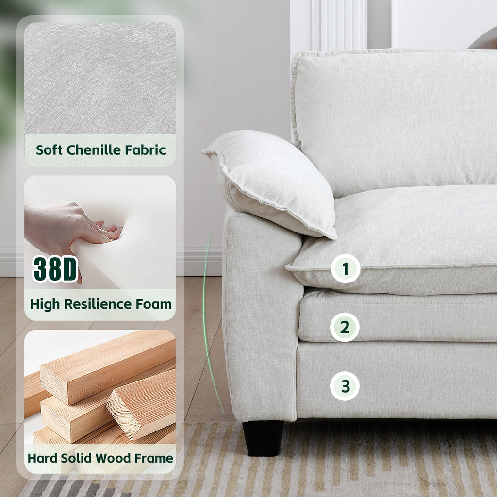 Living Room Sofa Luxury Couch with Ottoman in Soft Chenille Beige